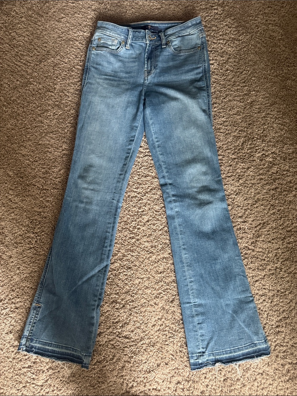 7 For All Mankind Light Blue Flare Jeans with side slit hem
